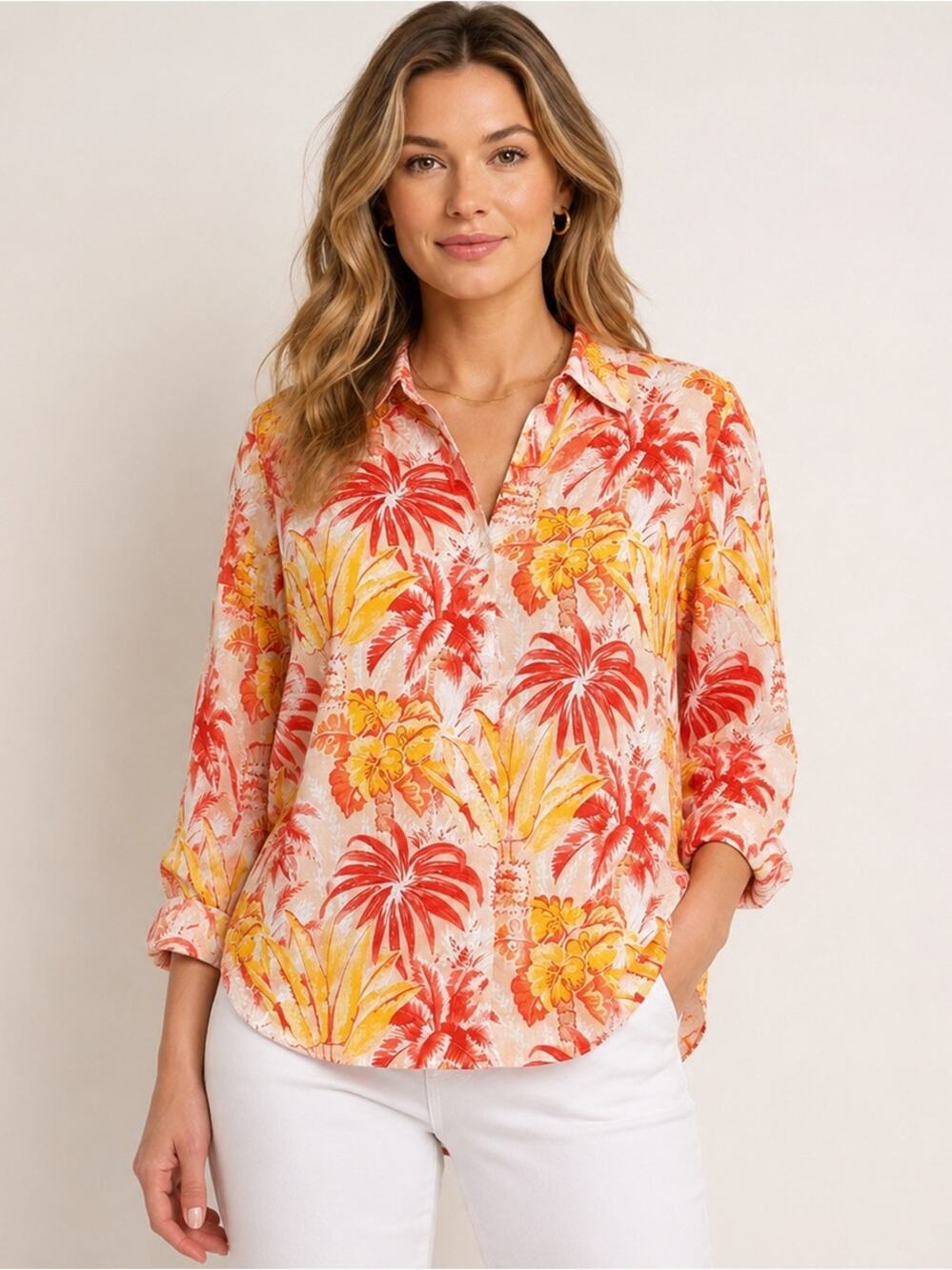 J.McLaughlin Britt Linen Tropical Palm Print Button Front Shirt Size Large